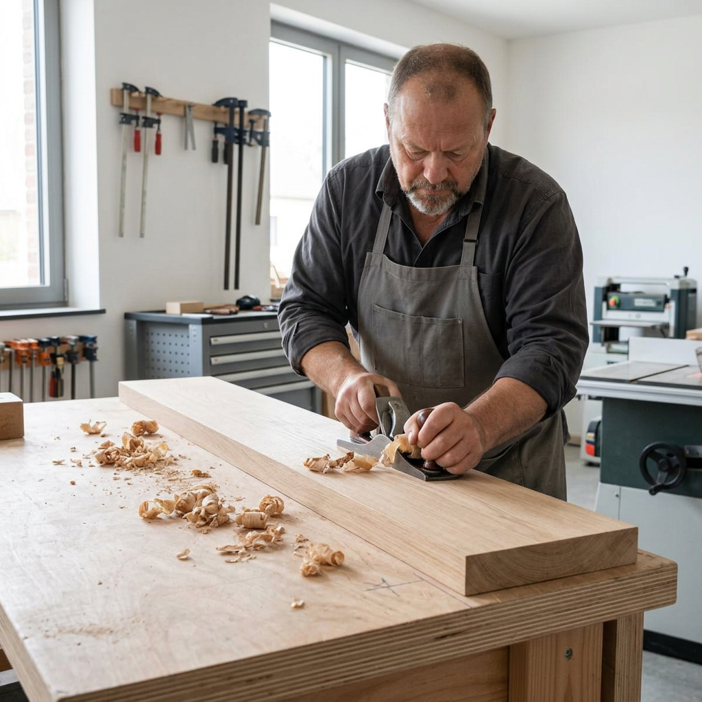 Vakman schaaft een eiken trede